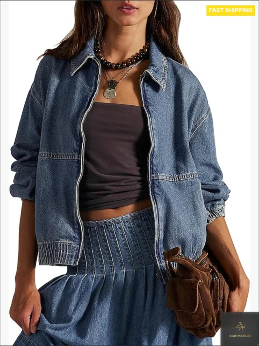 Long Sleeve Zip Up Denim Jacket Loose Fit Classic Vintage Bomber Style Elastic